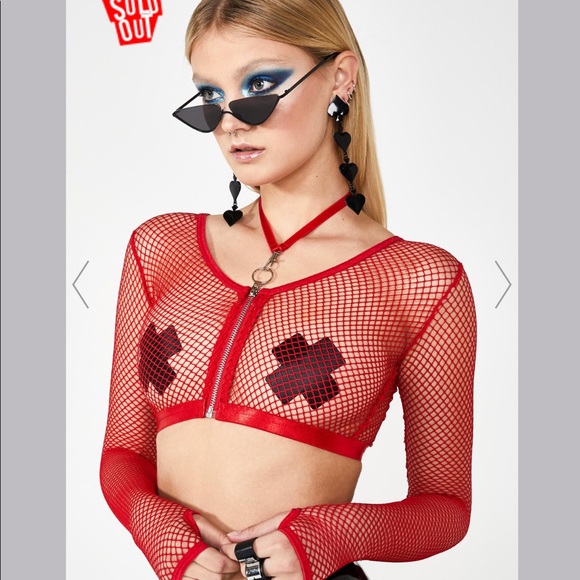 red fishnet crop top